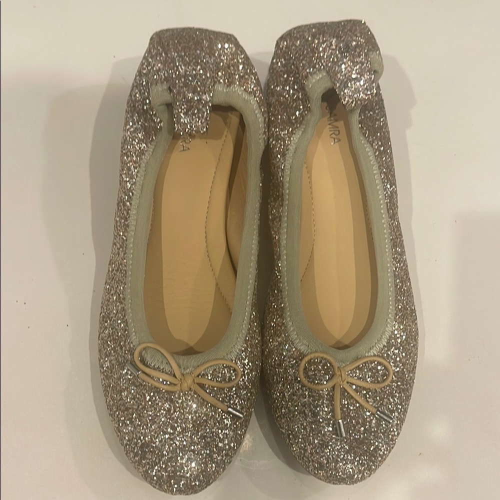 Yosi Samra Glitter Flats with Bow - Silver and Tan